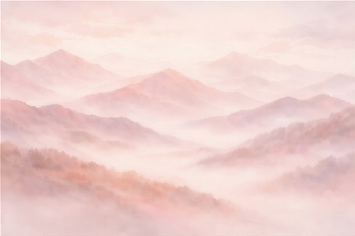 Fototapeten Rosa Berge im Nebel