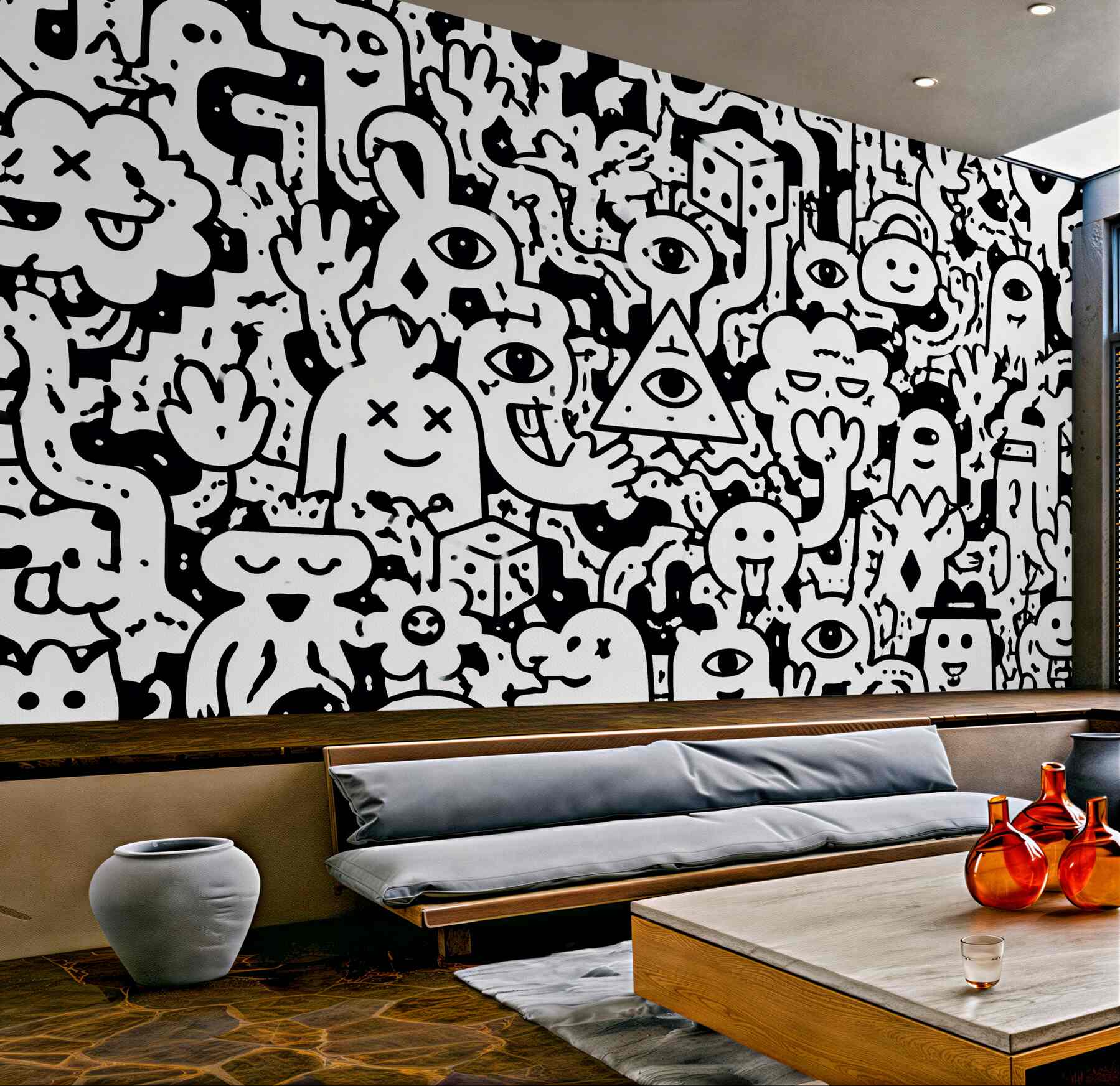 Fototapeten Schwarz-weiße Doodle-Monster