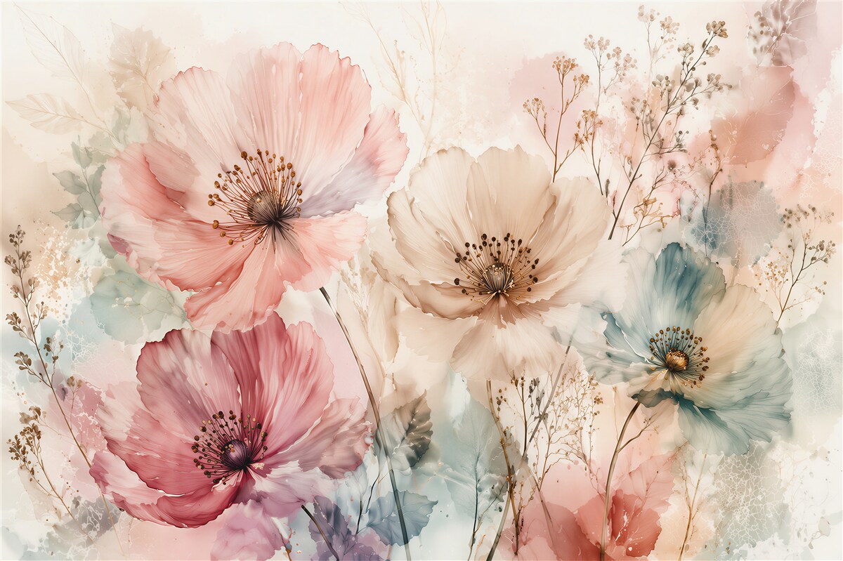 Fototapeten Pastellmohnblumen in subtiler Aquarellmalerei
