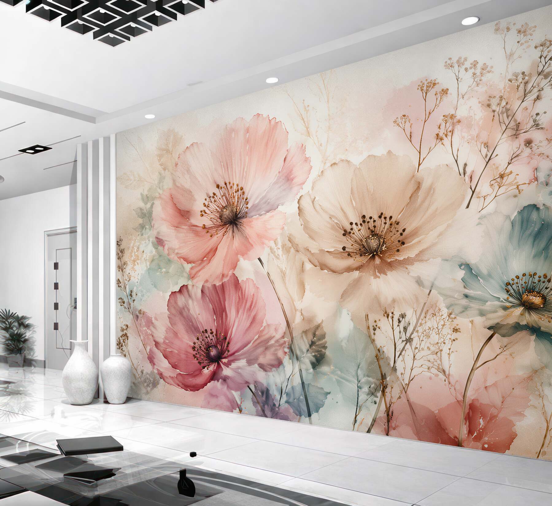 Fototapeten Pastellmohnblumen in subtiler Aquarellmalerei