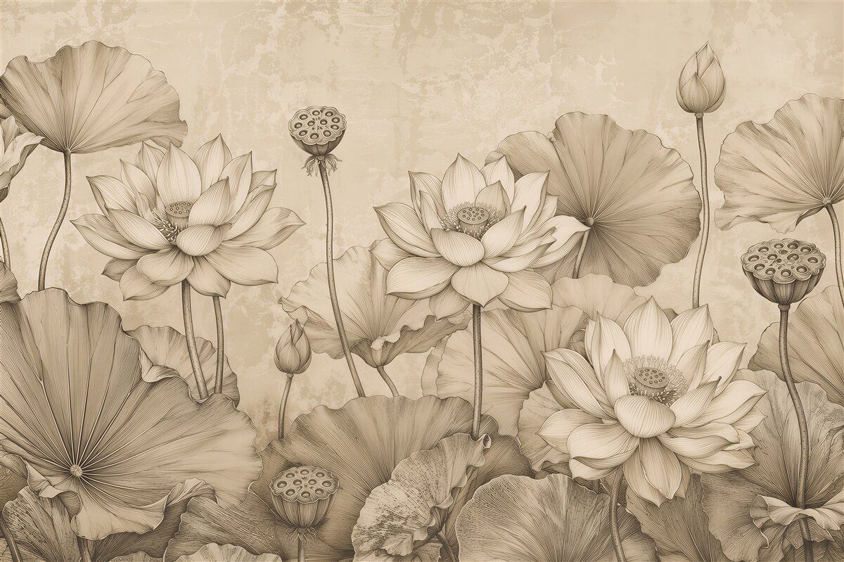 Fototapeten Lotusblüten in Sepia-Skizze