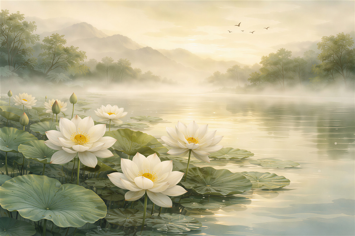 Fototapeten Lotosblüten über einem ruhigen See