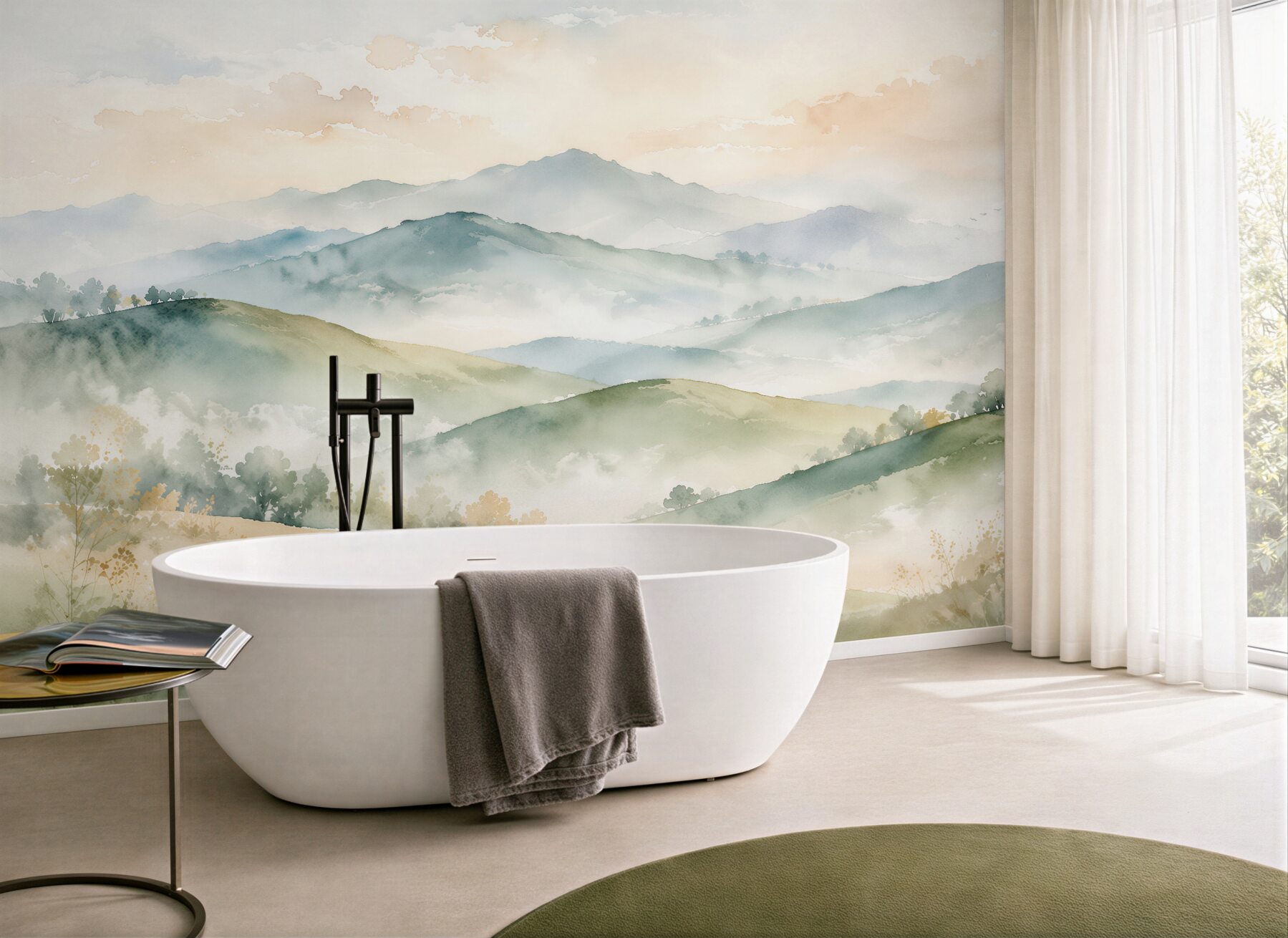 Fototapeten Nebelige Landschaft aus Aquarellhügeln