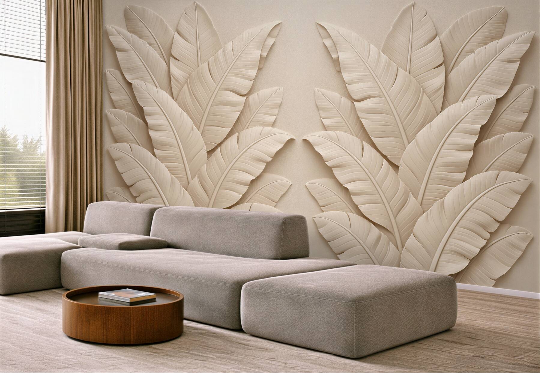 Fototapeten Beige Blätter im eleganten Relief