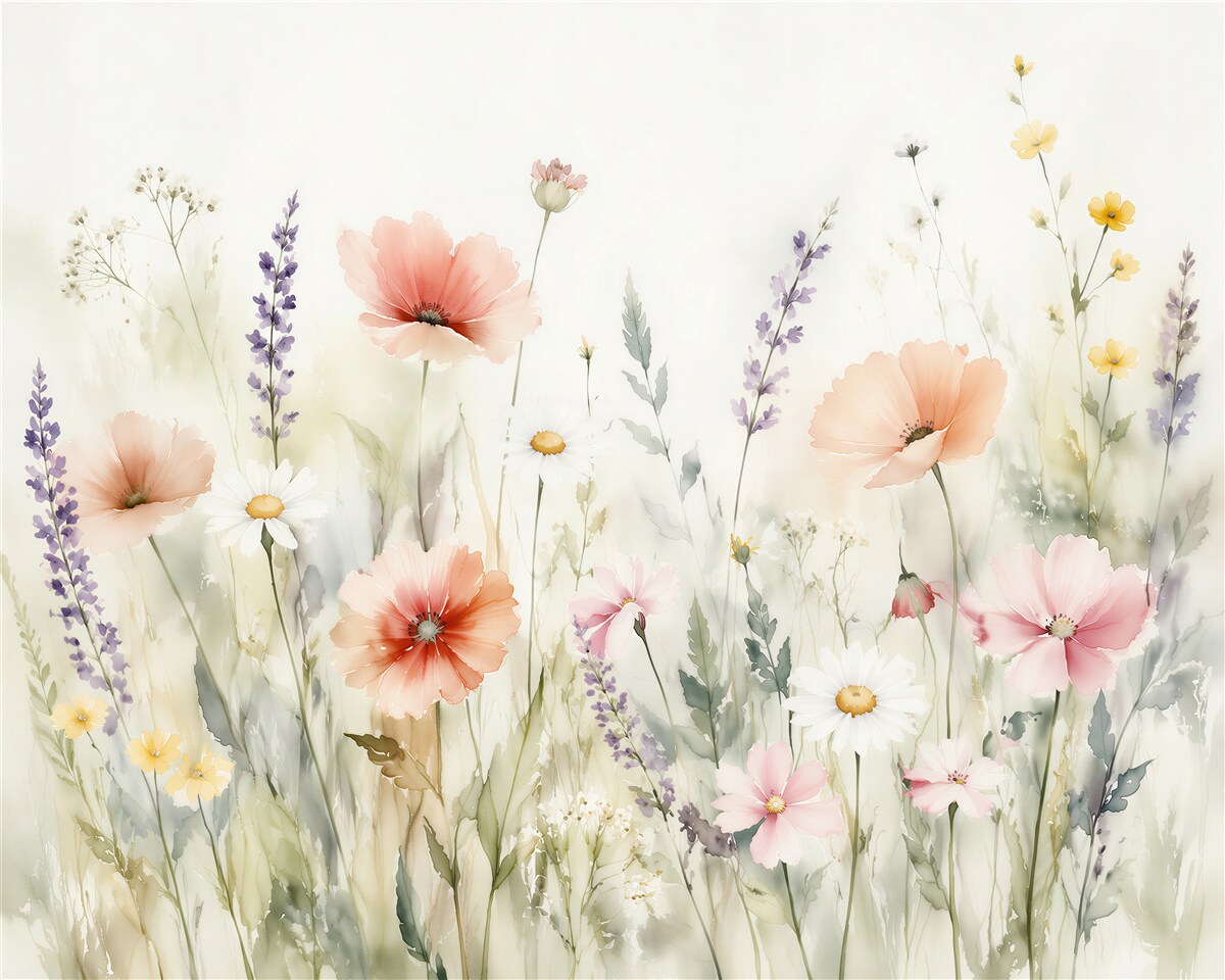 Fototapeten Aquarell-Wiese mit Pastellblumen