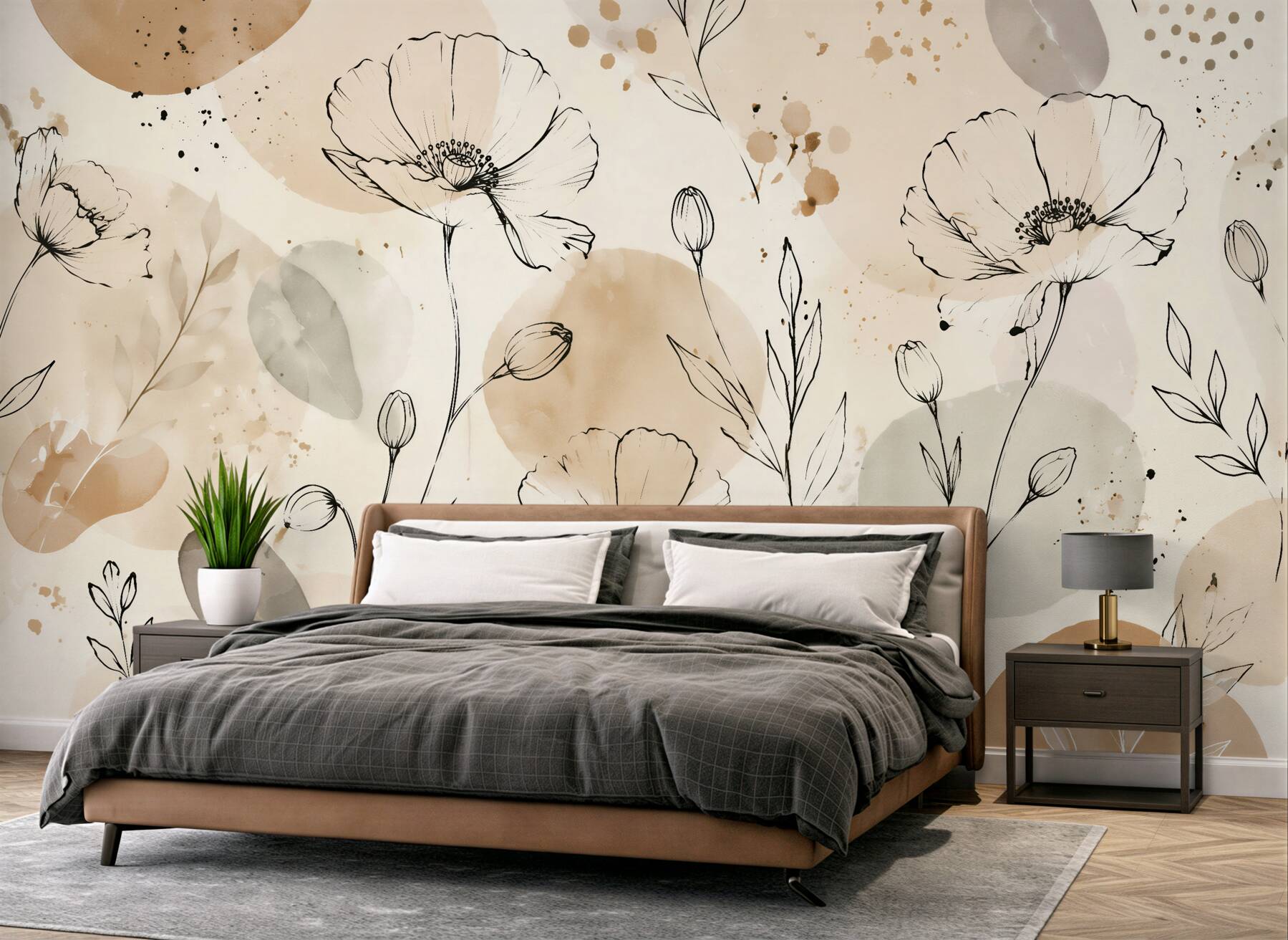 Fototapeten Skizzierte Mohnblumen in beiger Aquarelloptik