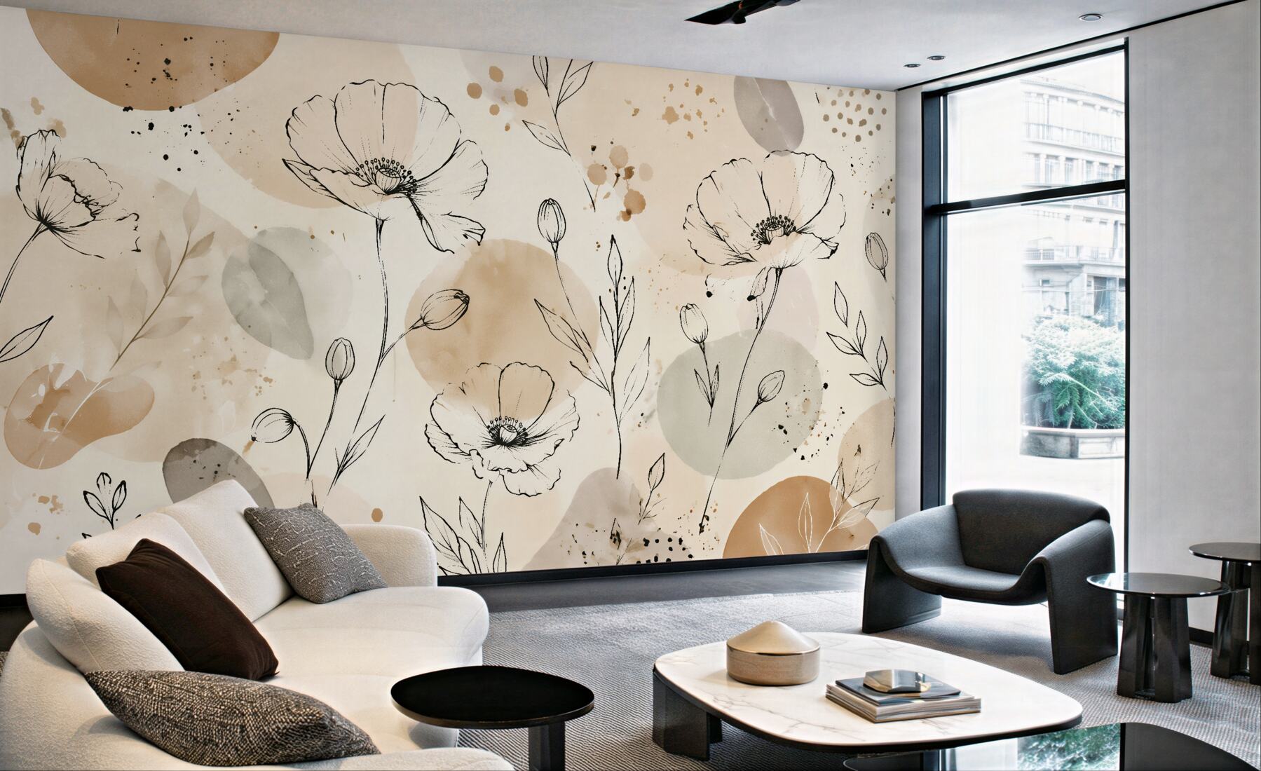 Fototapeten Skizzierte Mohnblumen in beiger Aquarelloptik