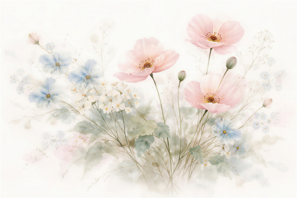 Fototapeten Pastellwiese mit Mohnblumen