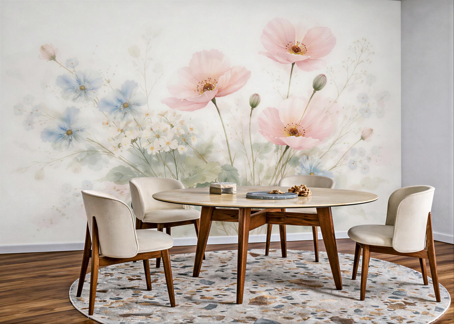 Fototapeten Pastellwiese mit Mohnblumen