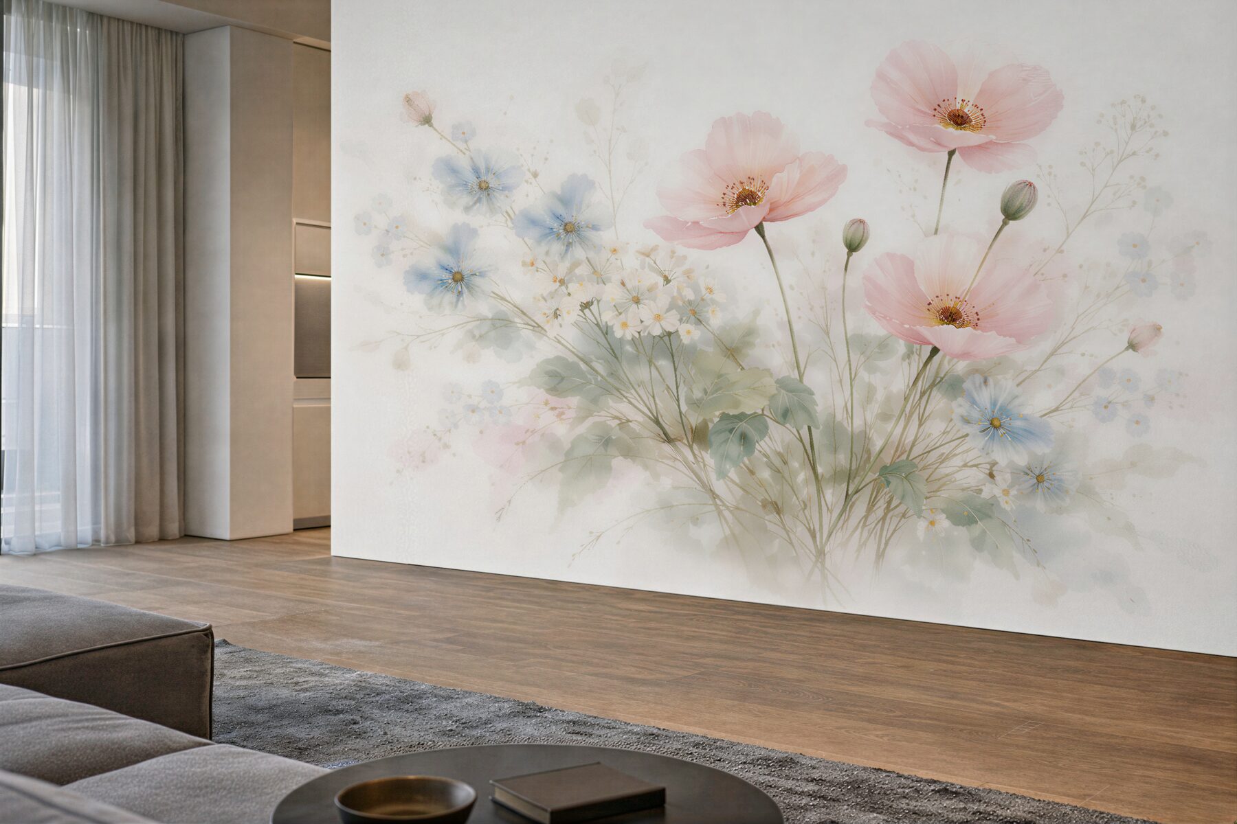 Fototapeten Pastellwiese mit Mohnblumen