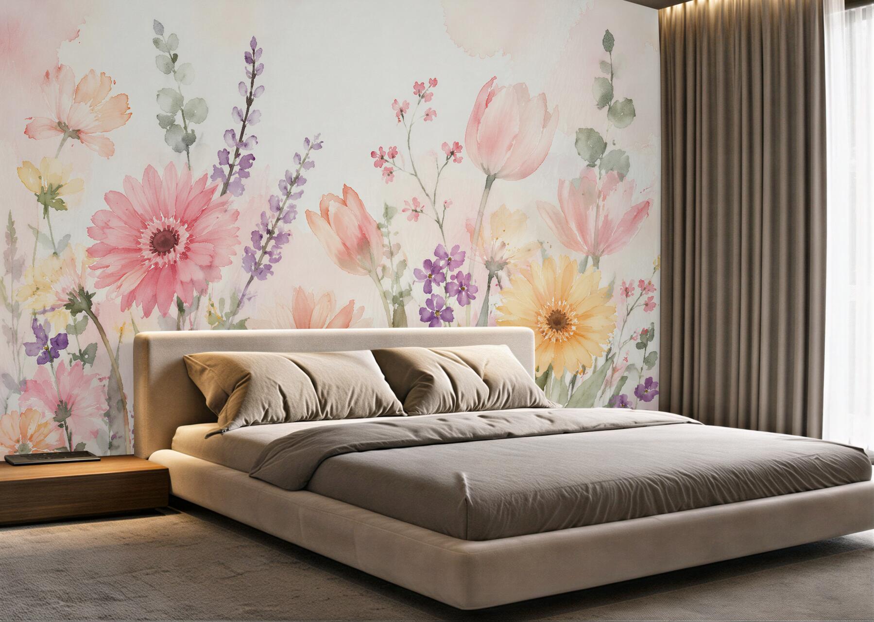 Fototapeten Pastellwiese aus Aquarellblumen