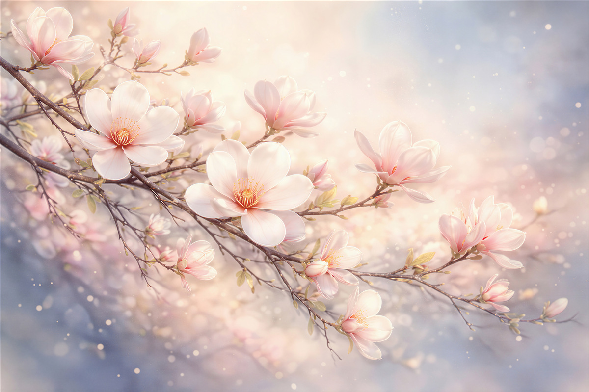 Fototapeten Blühende Magnolie im Pastelllicht