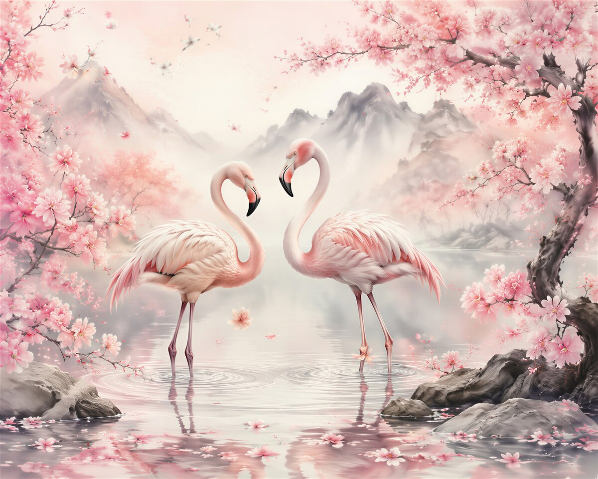 Fototapeten Flamingos in blühender Idylle