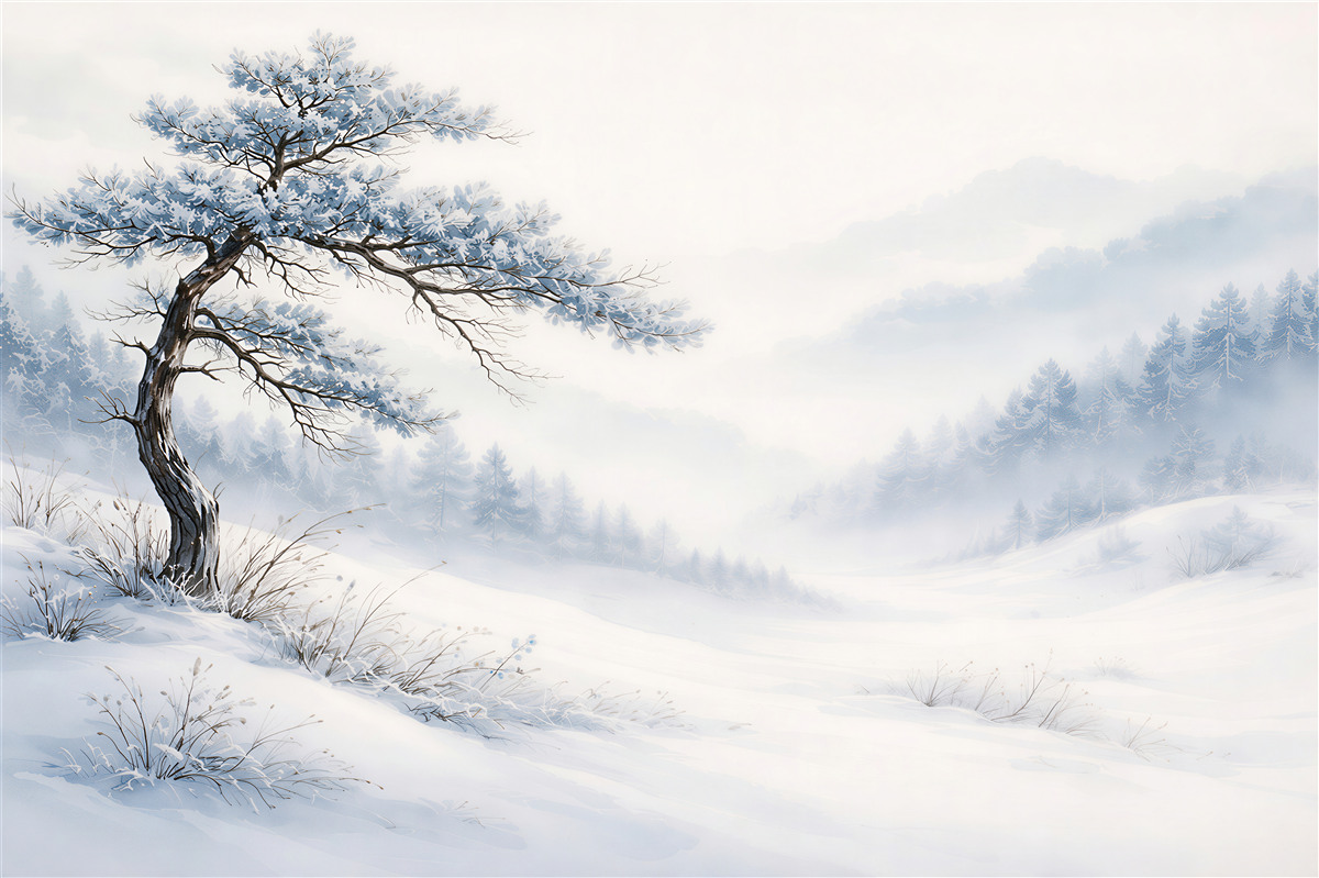 Fototapeten Winterlandschaft mit einsamer Kiefer
