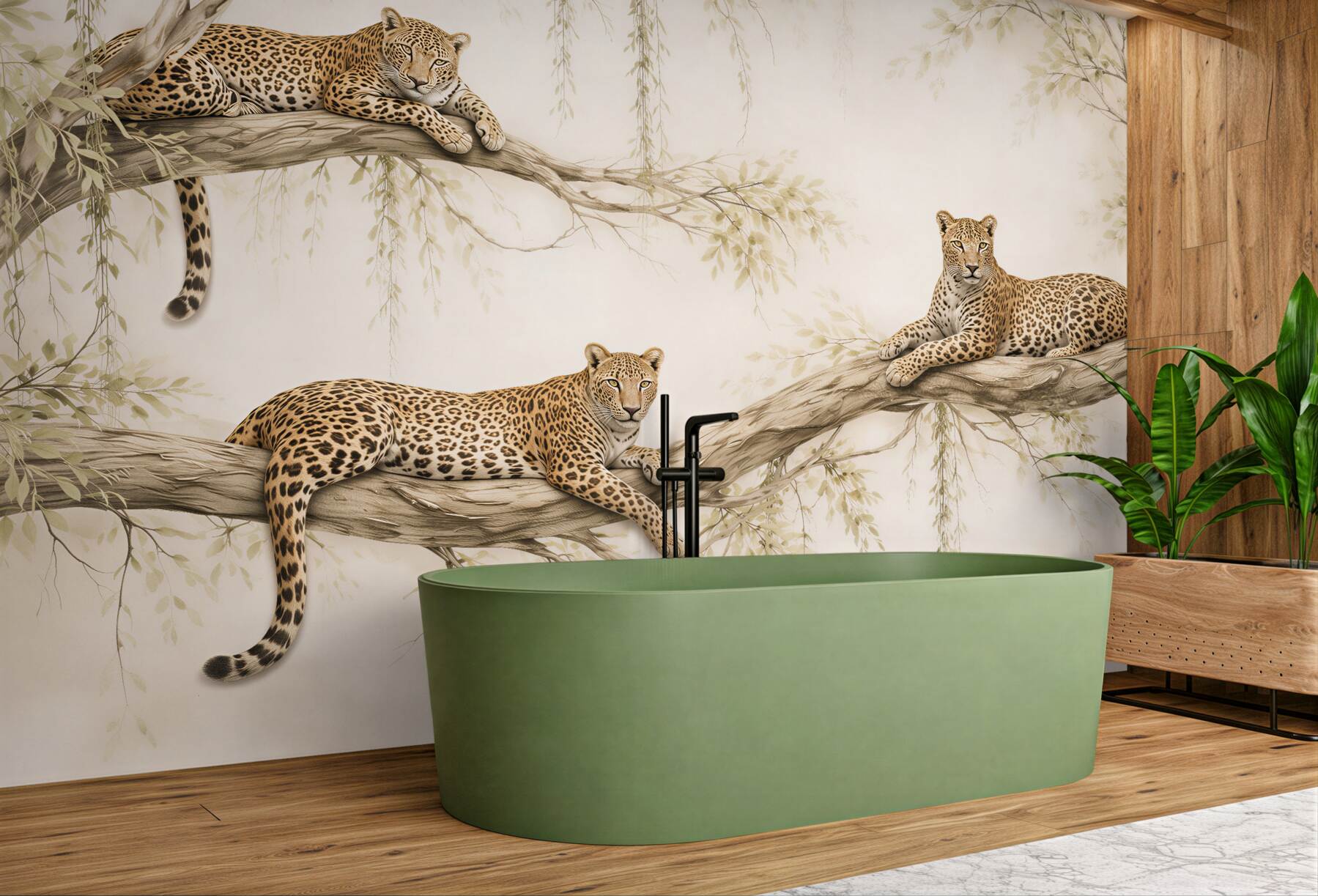 Fototapeten Ruhige Leoparden auf hellen Ästen