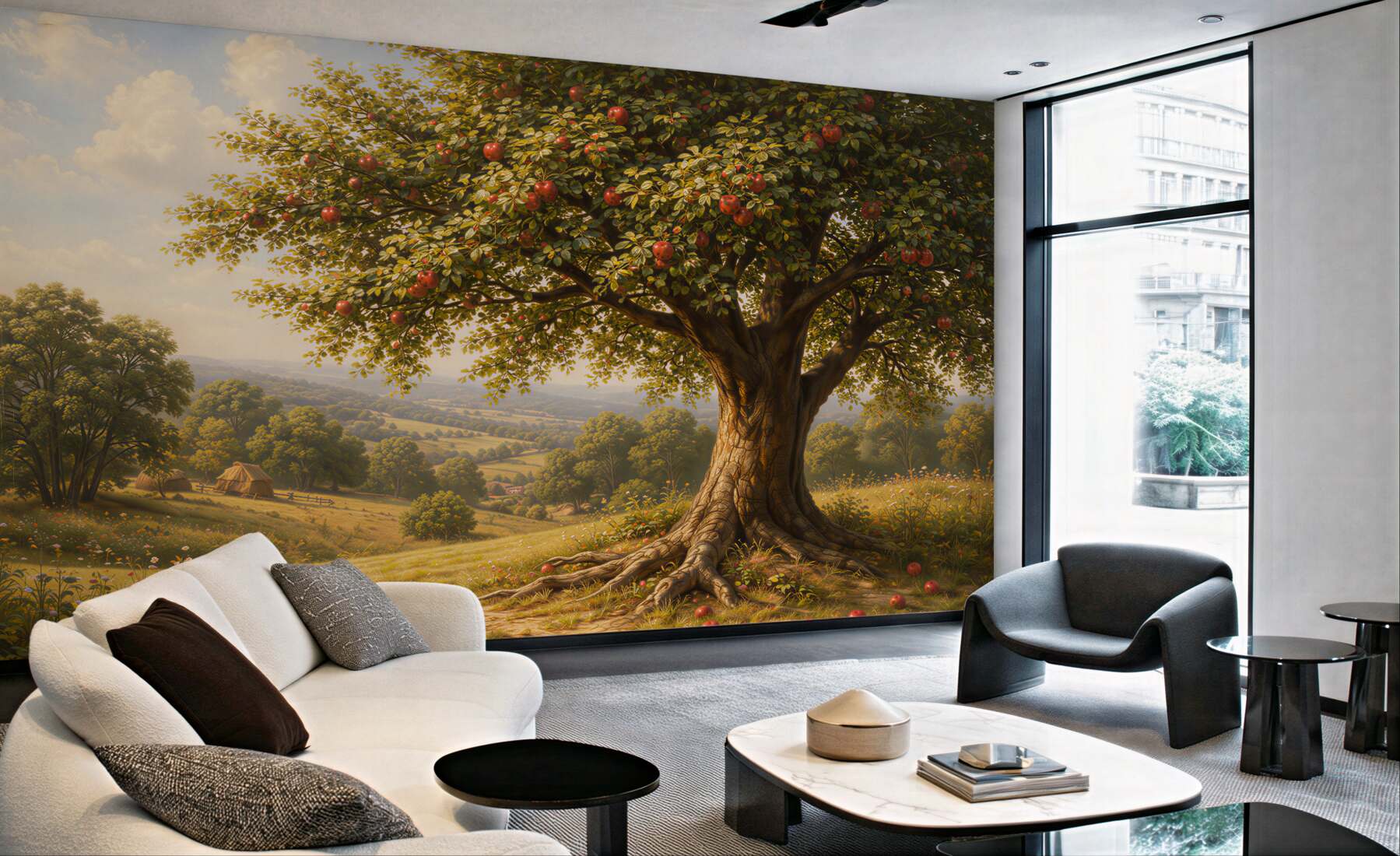 Fototapeten Ländlicher Apfelbaum in goldener Landschaft