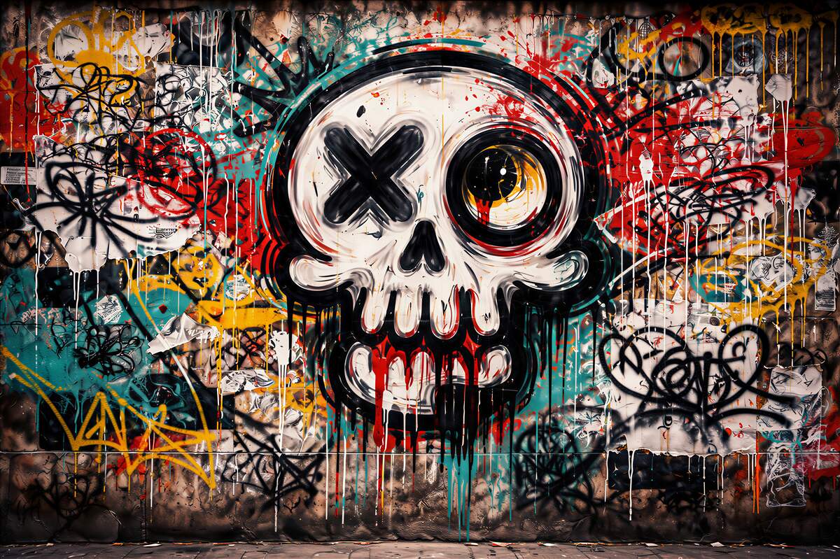 Fototapeten Graffiti mit Totenkopf und Straßenchaos