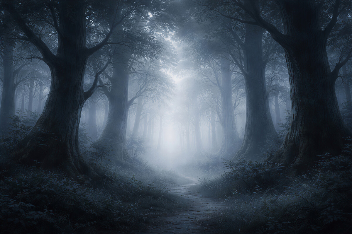 Fototapeten Blauer Wald im Nebel