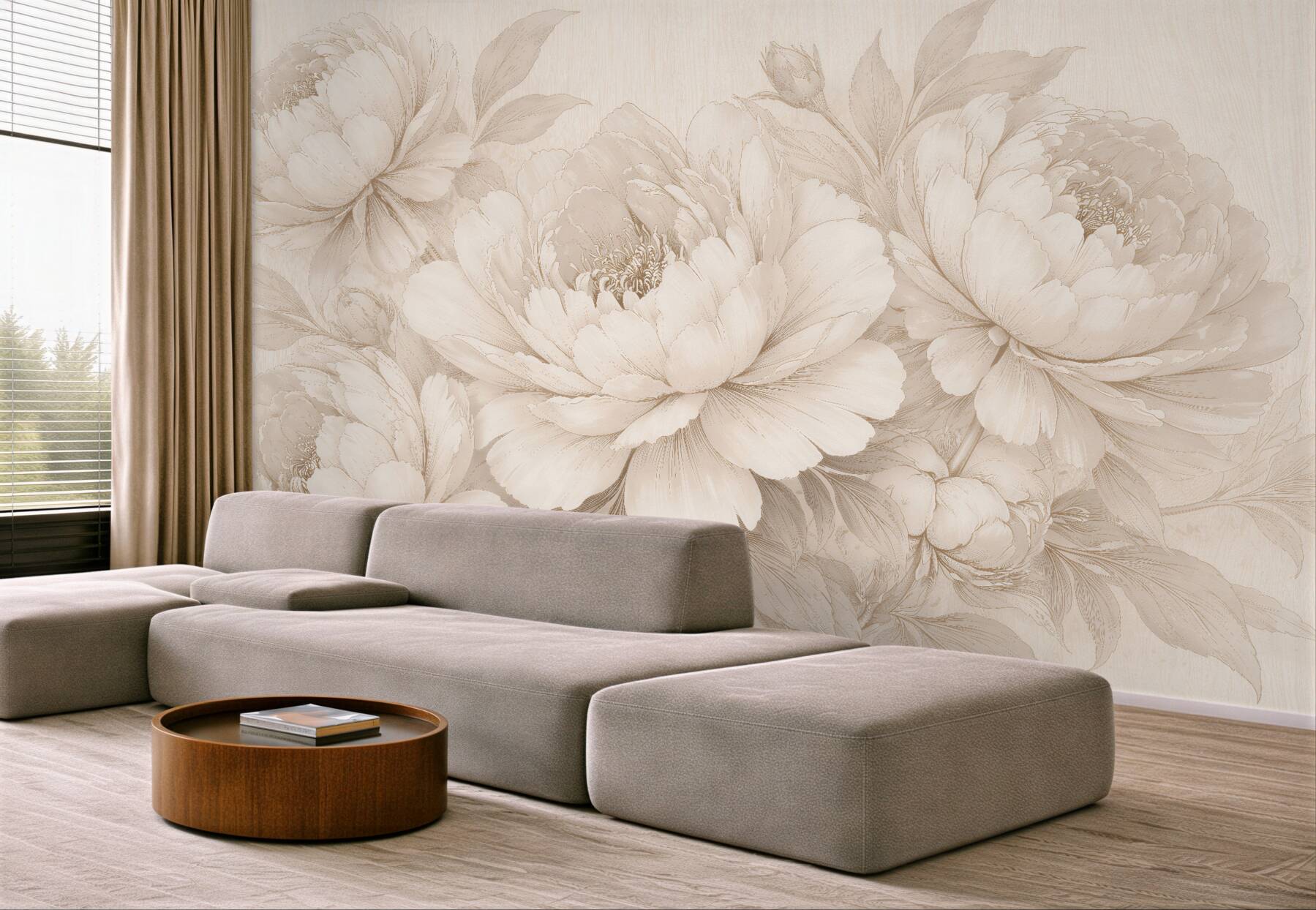Fototapeten Beige Pfingstrosen in subtiler Skizze