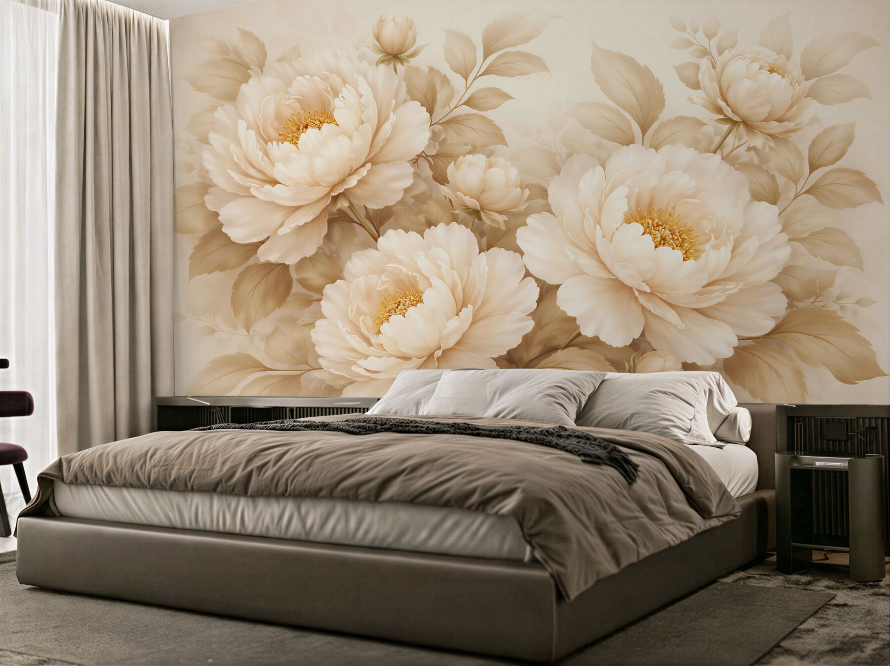 Fototapeten Beige Pfingstrosen im eleganten Stil