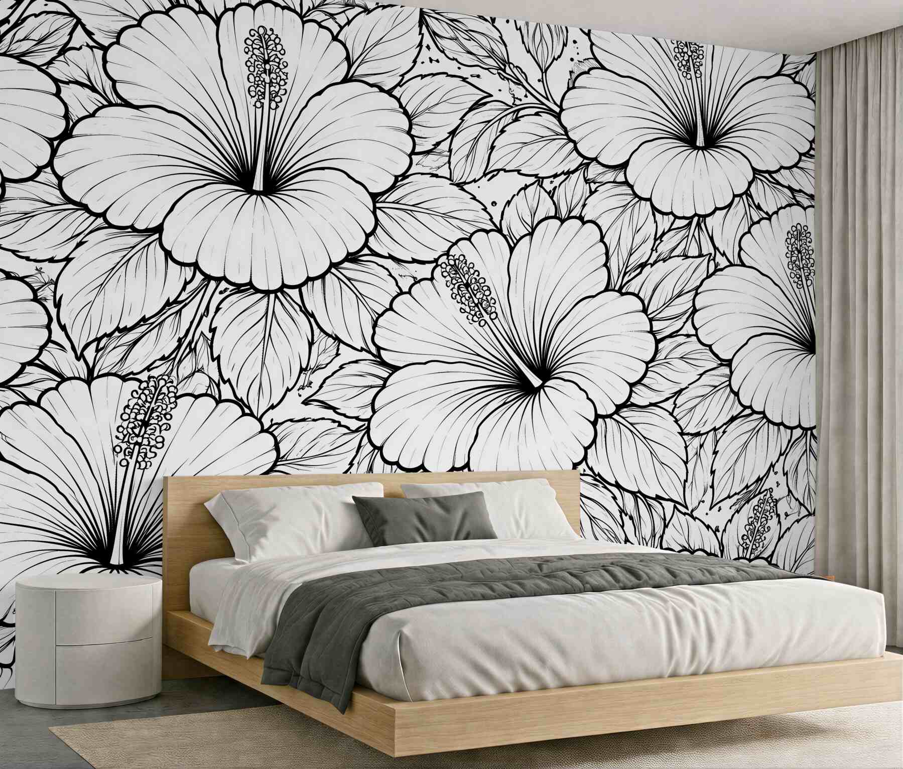 Fototapeten Hibiskusblüten in schwarz-weißer Kontur