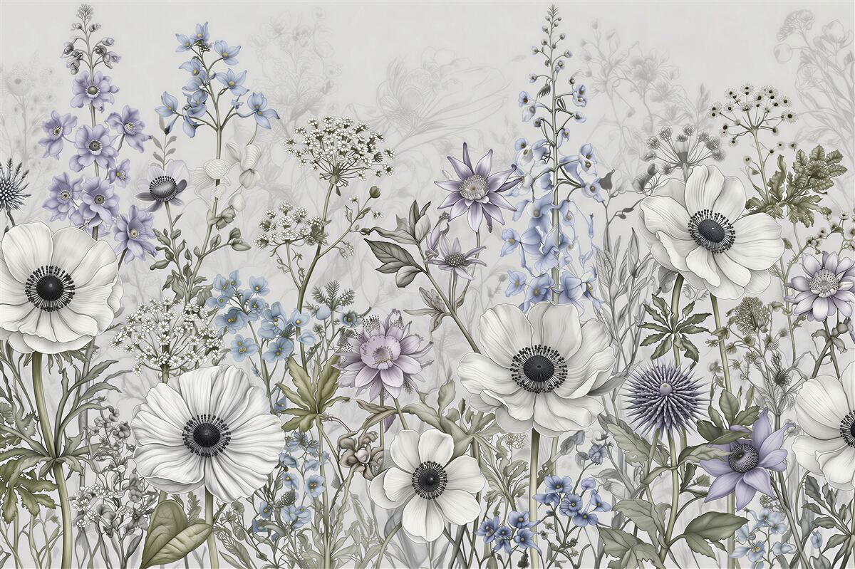 Fototapeten Zarte Wiese mit pastellfarbenen Blumen