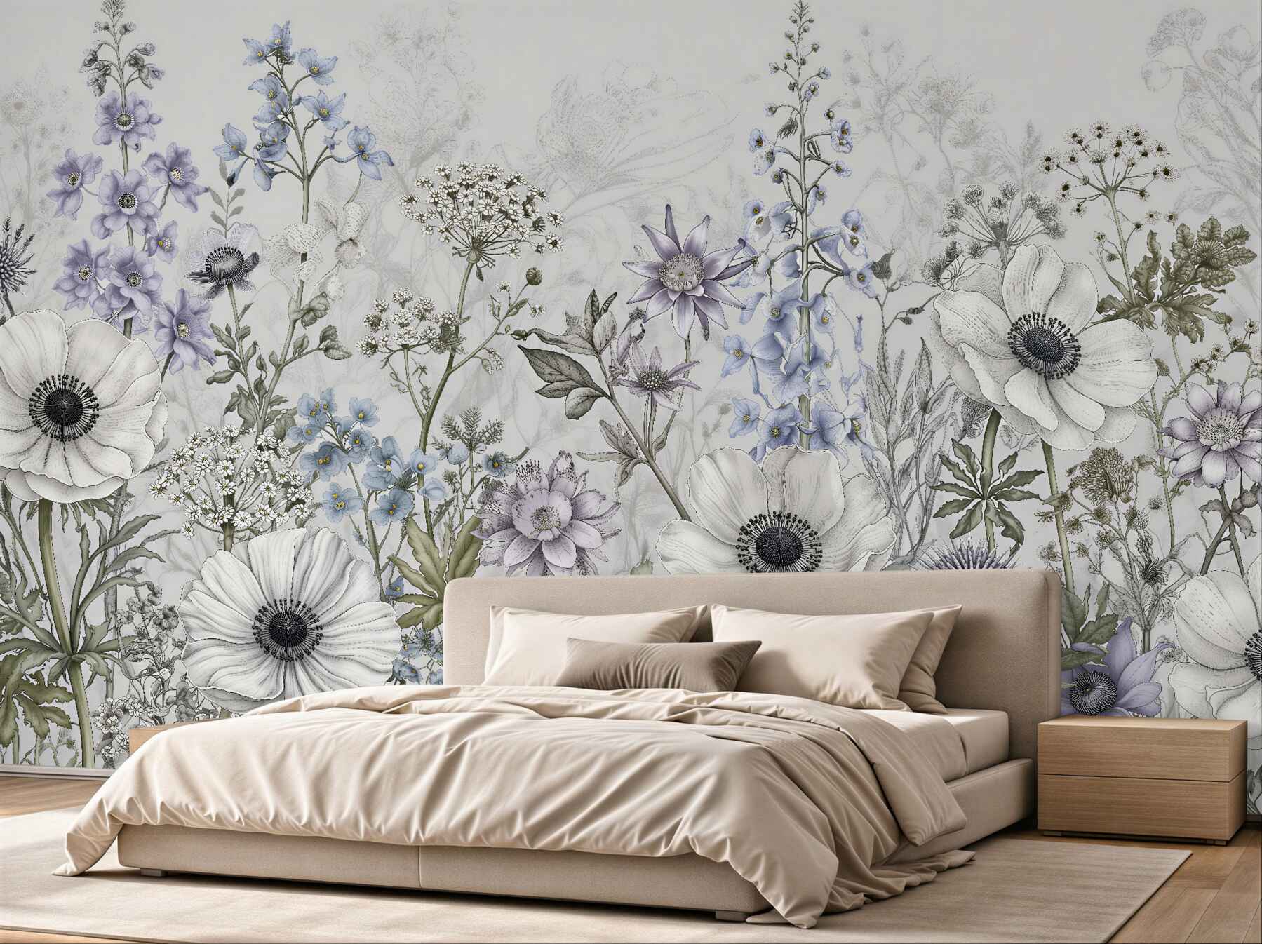Fototapeten Zarte Wiese mit pastellfarbenen Blumen