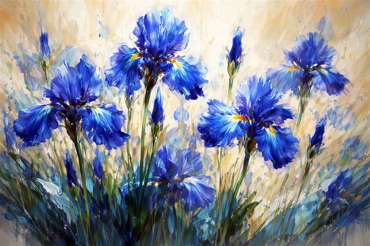 Fototapeten Gemalte blaue Iris im Licht