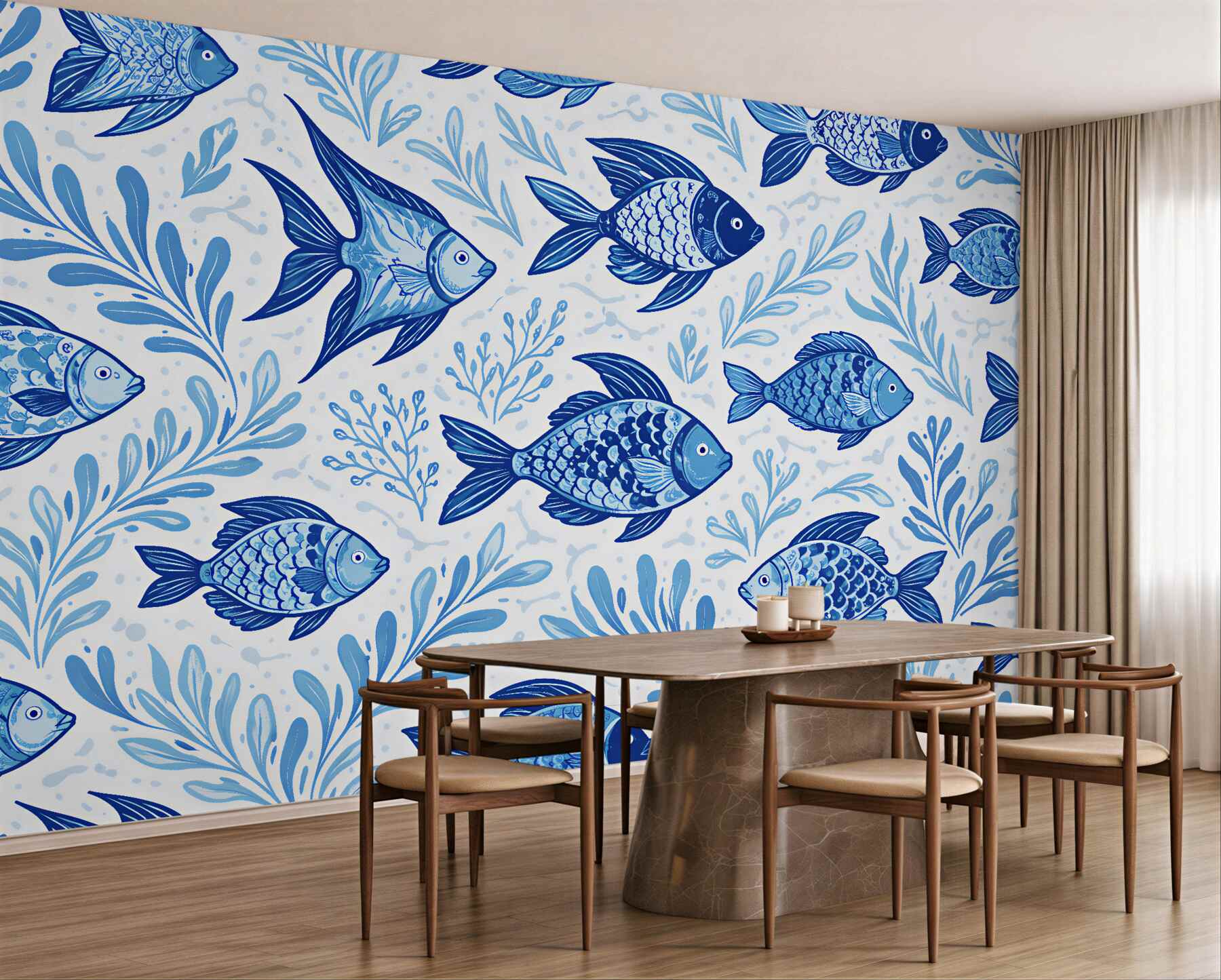 Fototapeten Blaue Fische und Meerespflanzen