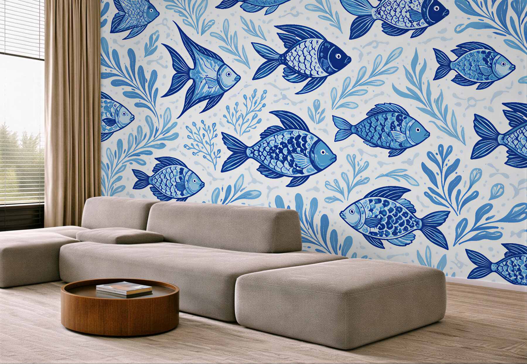 Fototapeten Blaue Fische und Meerespflanzen