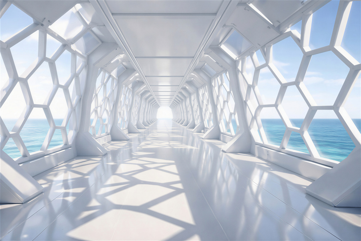 Fototapeten Futuristischer Korridor mit Meerblick