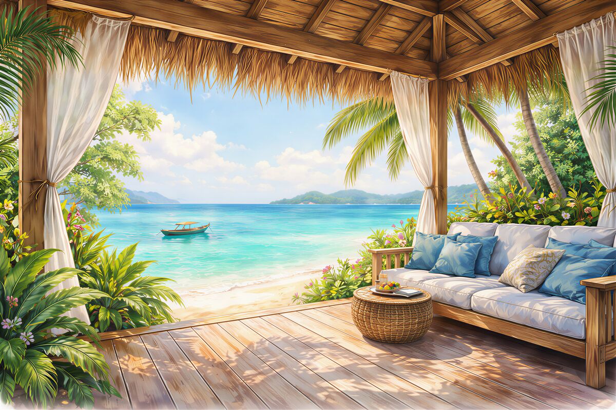 Fototapeten Tropische Terrasse am paradiesischen Strand