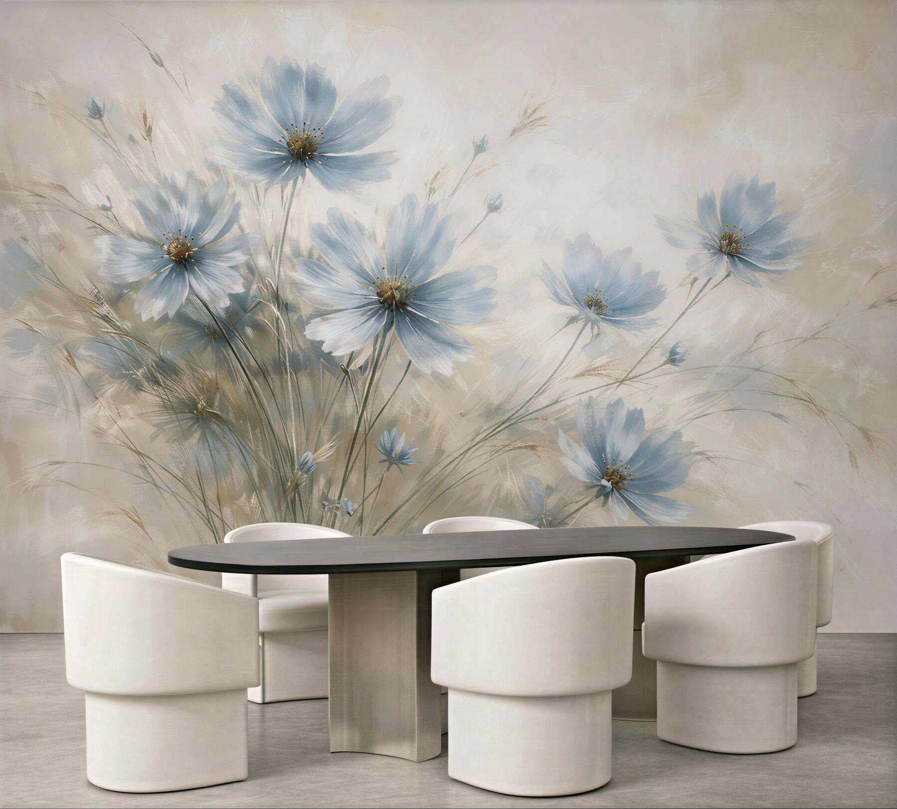 Fototapeten Hellblaue Blumen im ätherischen Nebel