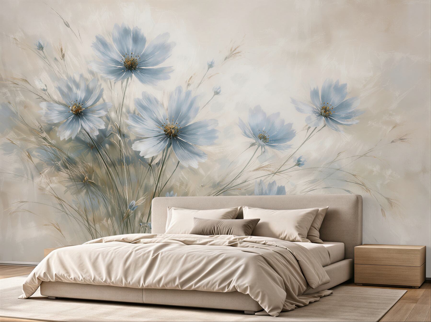 Fototapeten Hellblaue Blumen im ätherischen Nebel