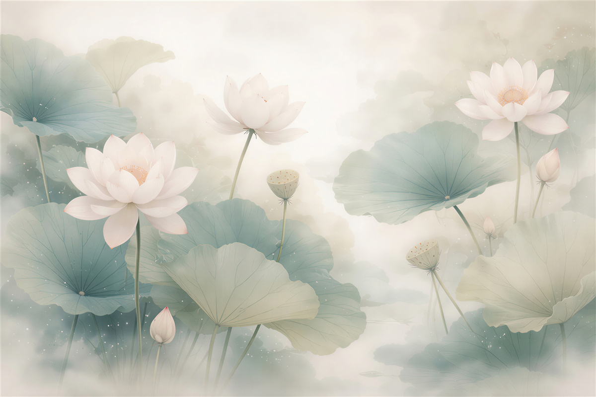 Fototapeten Ätherische Lotusblumen im Nebel