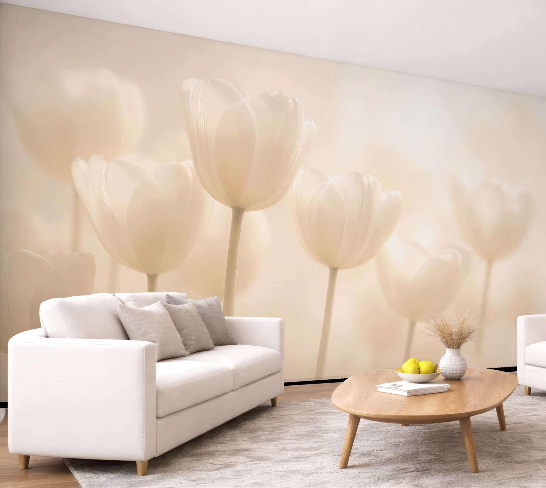Fototapeten Cremige Tulpen in weichem Licht