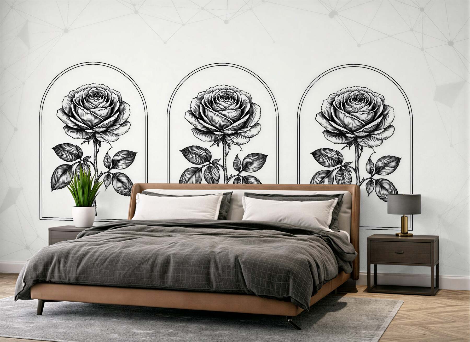 Fototapeten Rosen in schwarz-weißen Arkaden