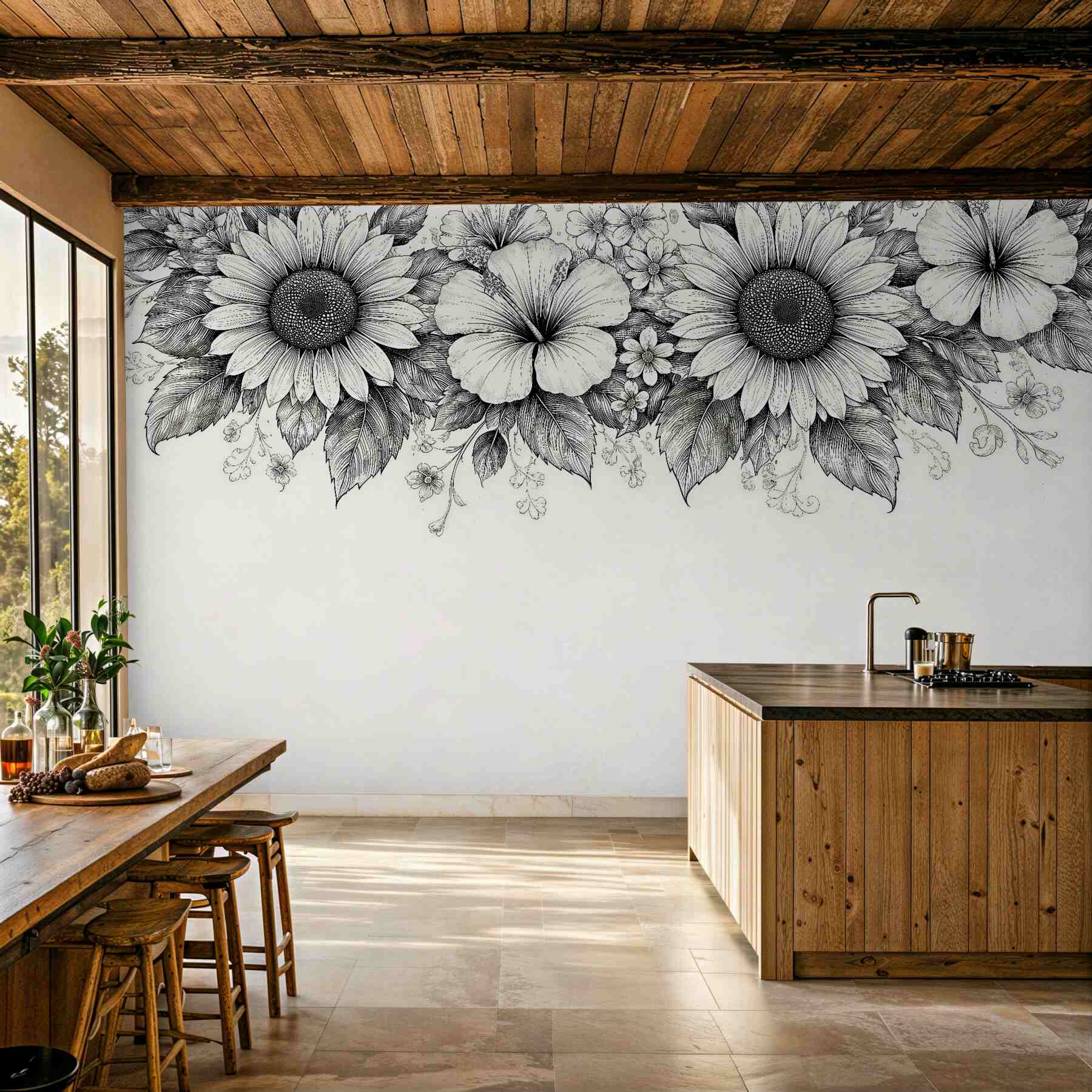 Fototapeten Schwarz-weiße Blumen als Skizze