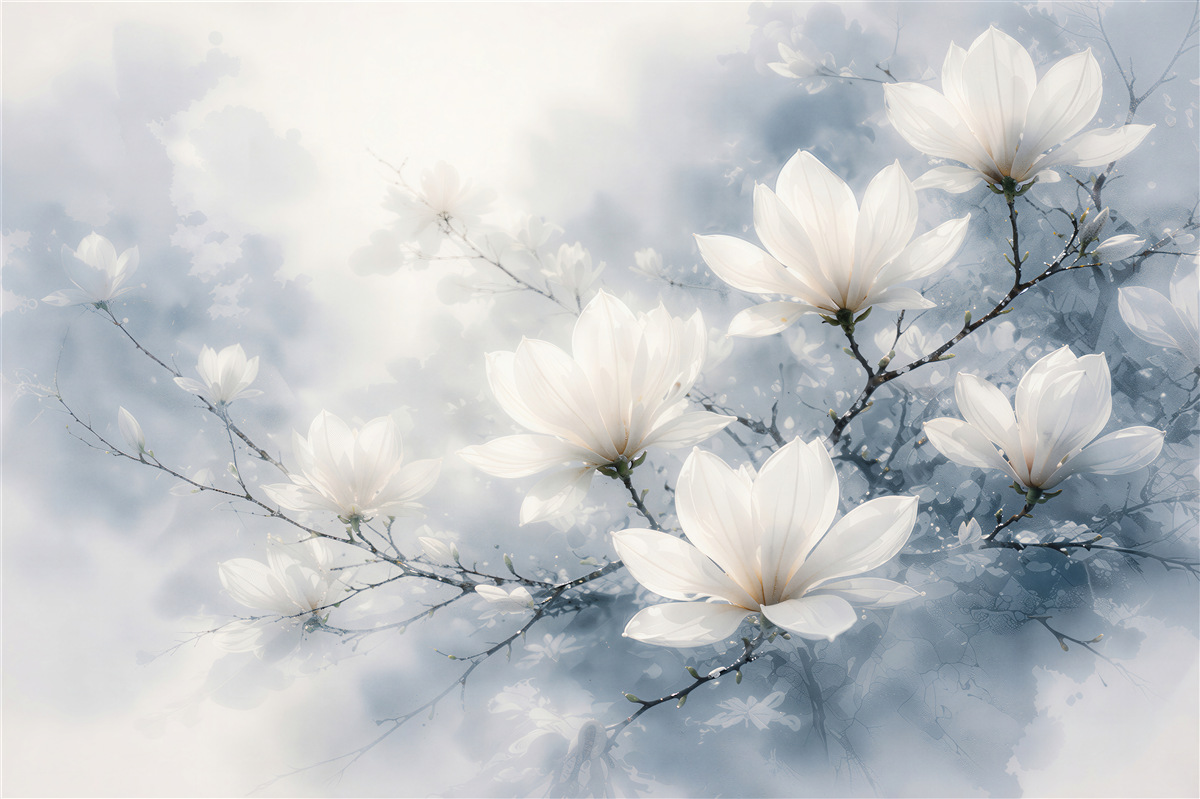 Fototapeten Weiße Magnolien im blauen Schimmer