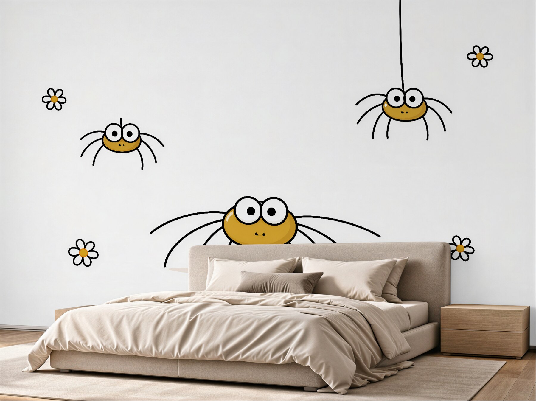 Fototapeten Fröhliche Spinnen zwischen Gänseblümchen
