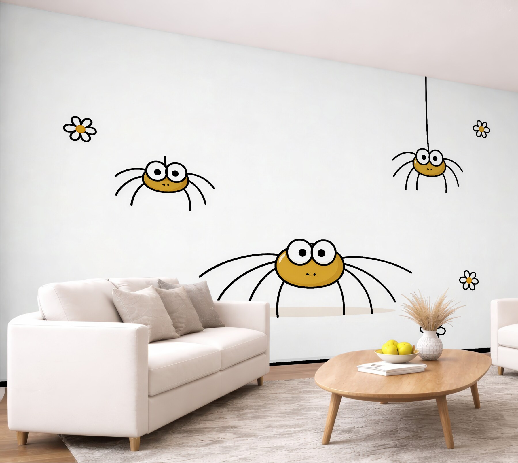 Fototapeten Fröhliche Spinnen zwischen Gänseblümchen