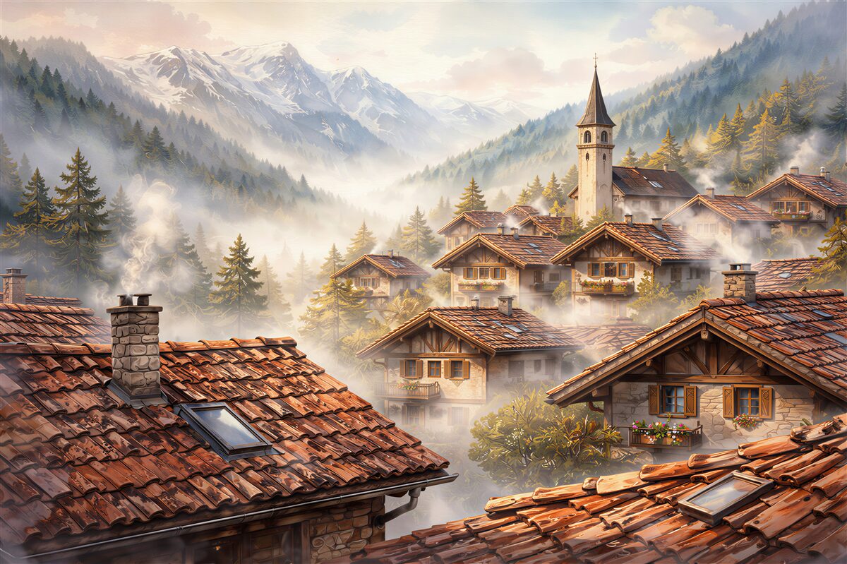 Fototapeten Bergdorf im Nebel