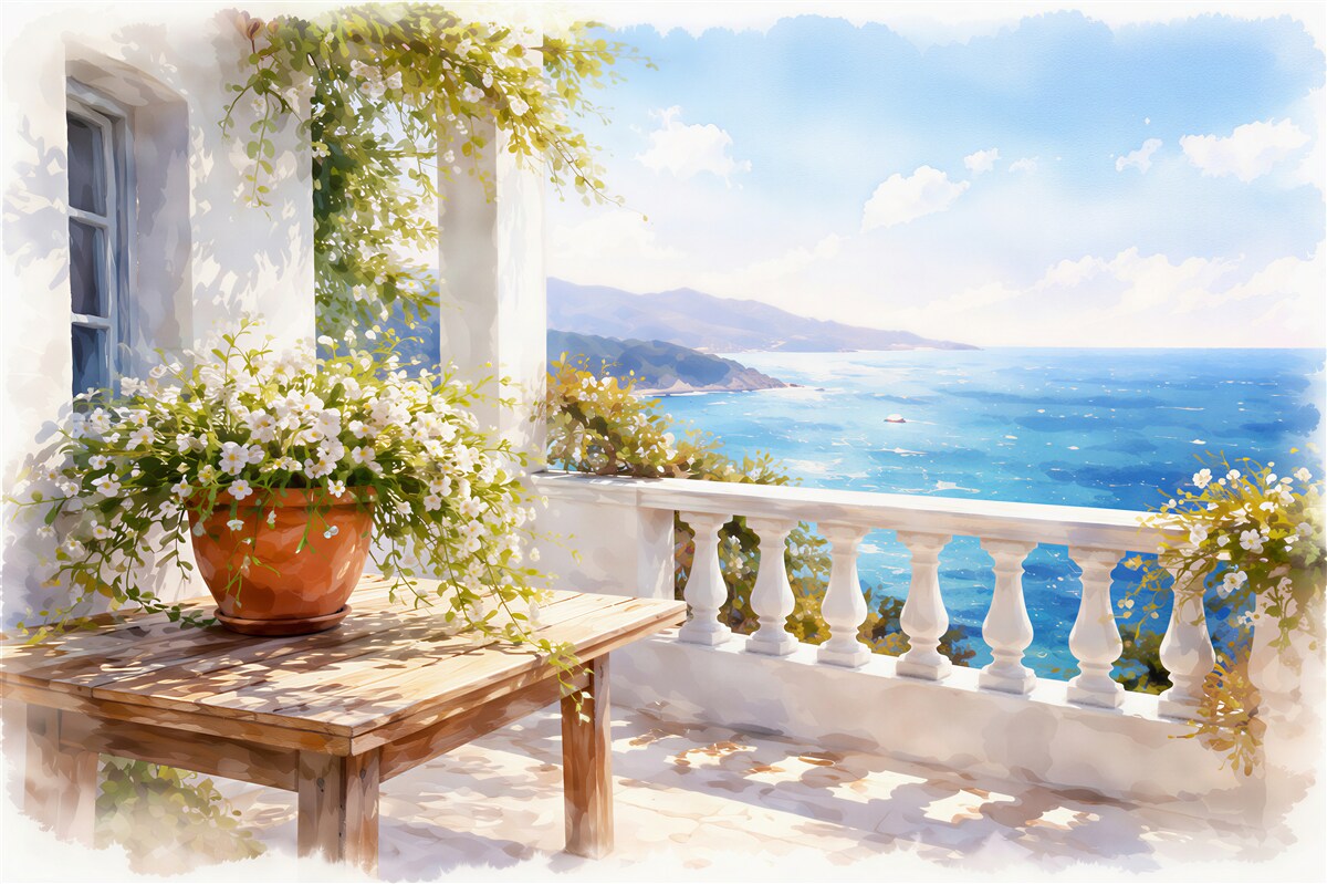 Fototapeten Sonnige Terrasse mit Meerblick