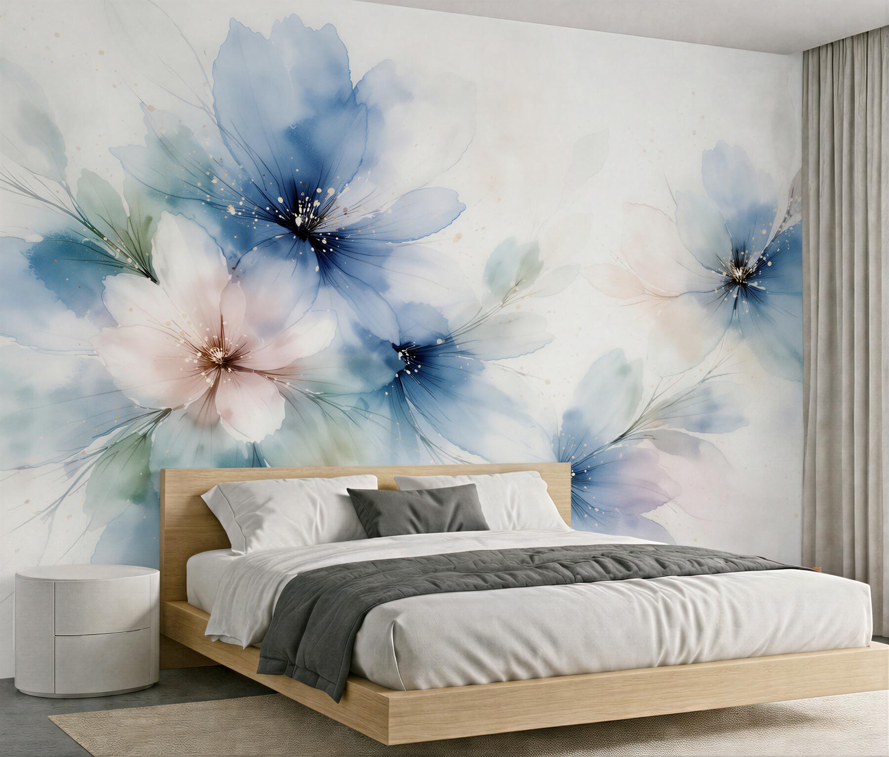 Fototapeten Blaue Blumen im Aquarellglanz