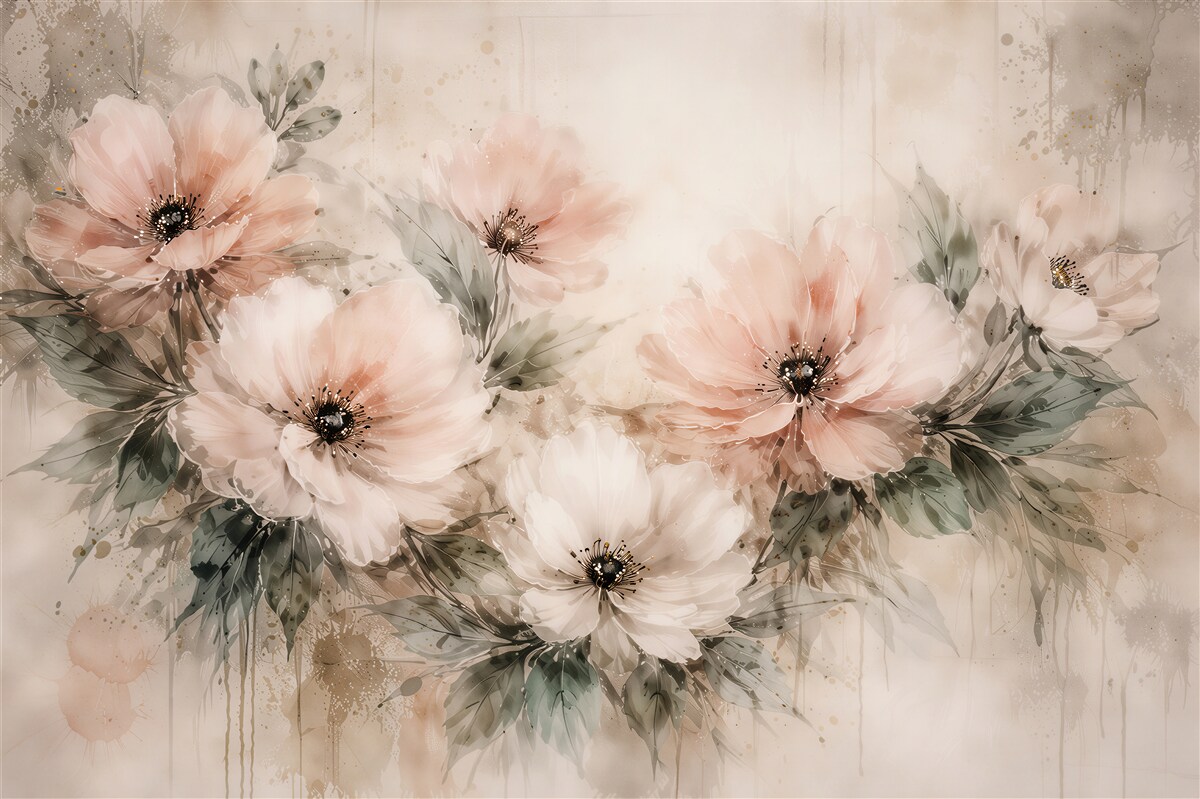 Fototapeten Puderfarbene Blumen in Aquarell