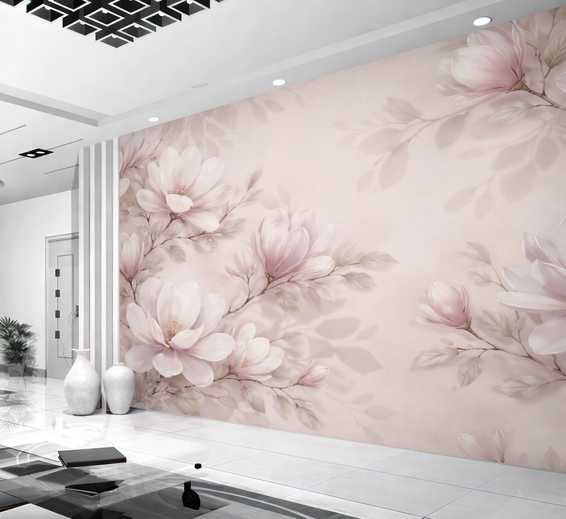 Fototapeten Zarte Magnolien auf puderfarbenem Hintergrund