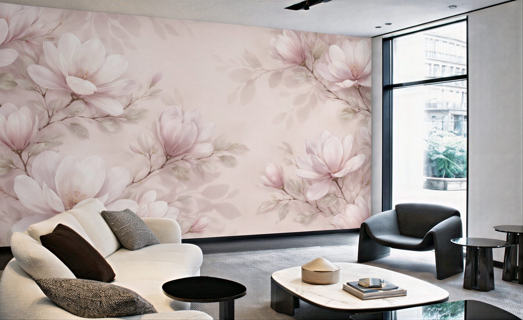 Fototapeten Zarte Magnolien auf puderfarbenem Hintergrund