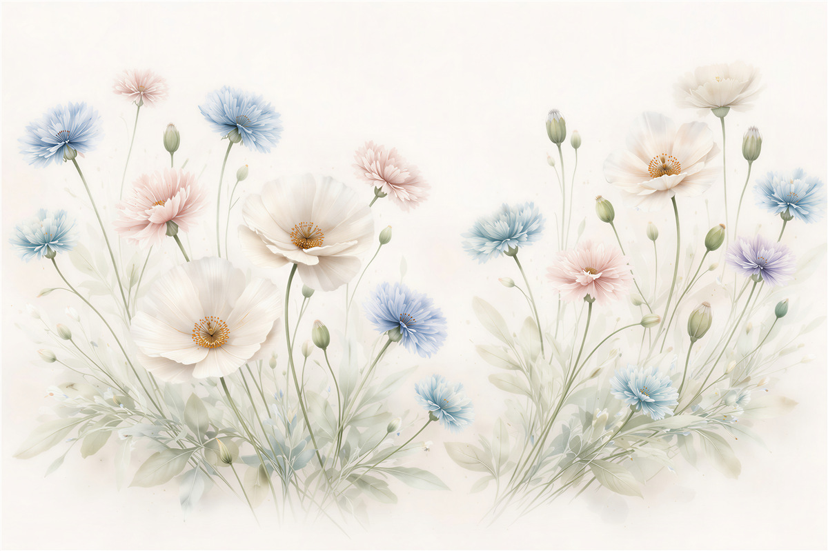 Fototapeten Pastellfarbene Blumenwiese