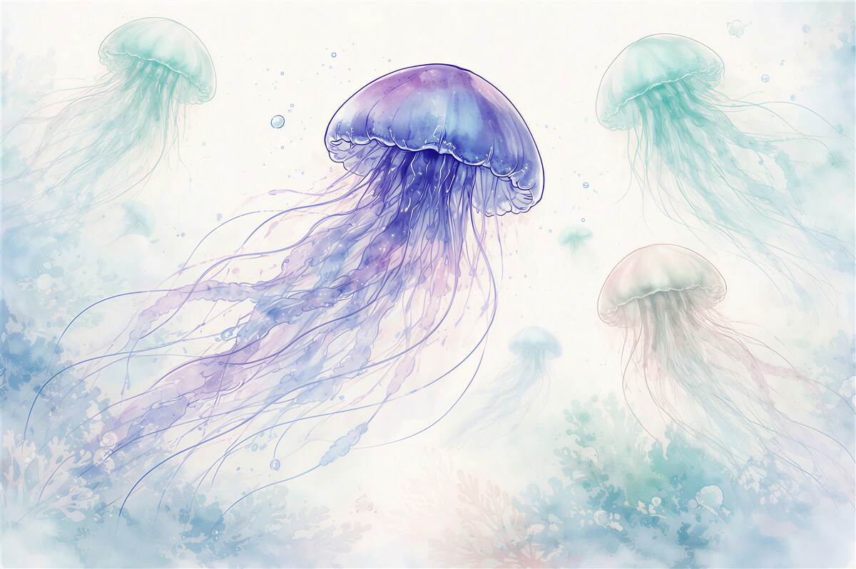 Fototapeten Aquarell-Quallen in Pastelltönen