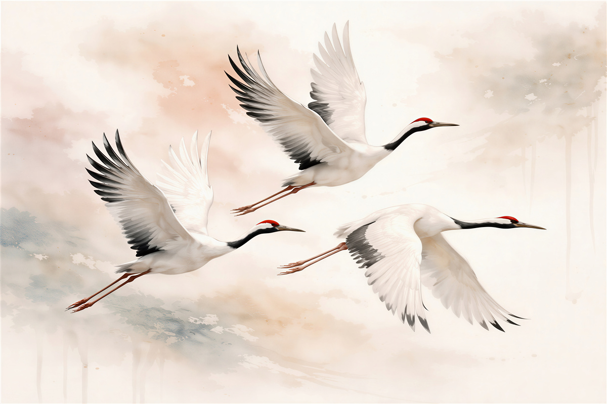 Fototapeten Fliegende Kraniche in Pastelltönen